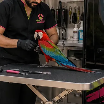 A groomer handling a macaw beside the grooming table