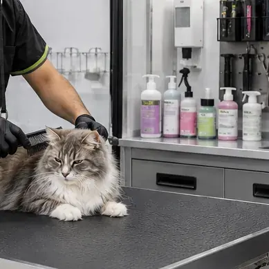 Long-haired cat resting calmly on the grooming table during a mobile groom