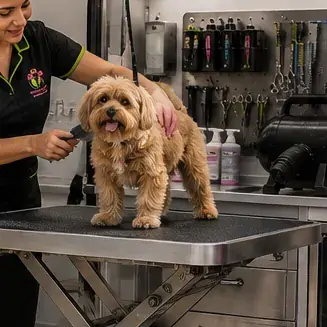 Freshly groomed cavapoo standing on the grooming table in the Glan Paws van