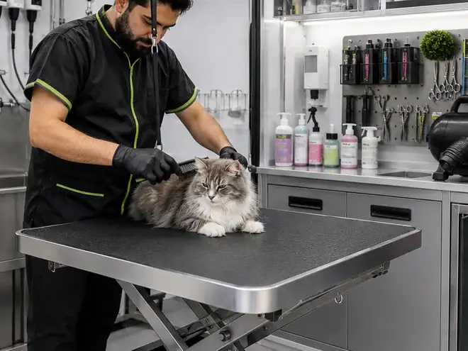 Groomer calmly grooming a long-haired cat on the table inside the mobile grooming van