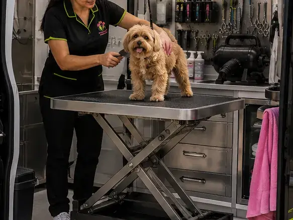 Groomer giving a small dog a full groom inside the Glan Paws mobile grooming van