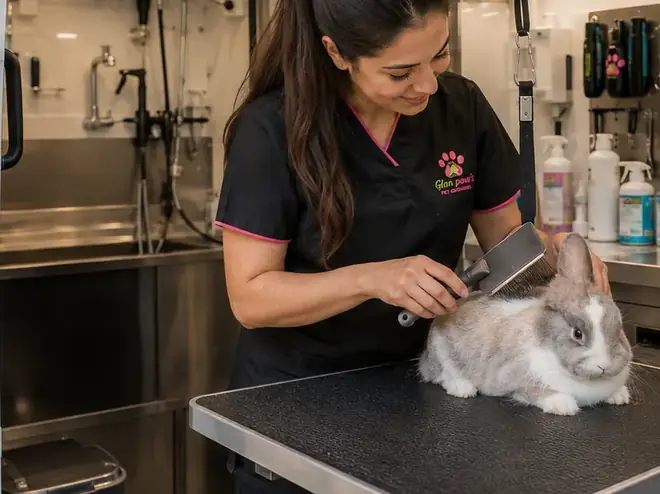 Groomer gently brushing a rabbit on the grooming table inside the mobile van