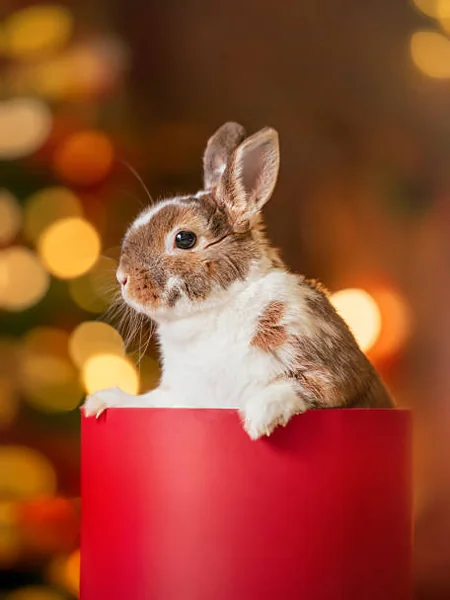 Brown and white rabbit resting in a red container after a gentle brush-out