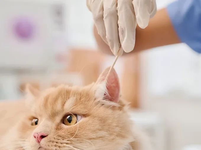 Groomer gently cleaning a ginger cat’s ear with a cotton swab
