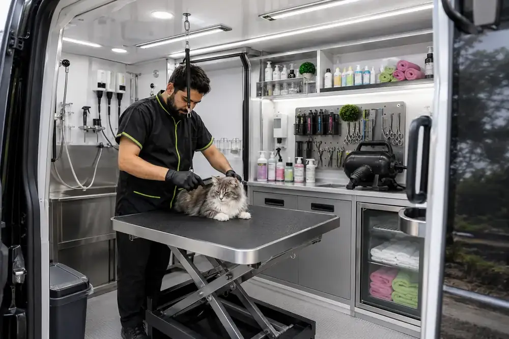 Fully equipped interior of the Glan Paws mobile grooming van with a cat on the grooming table