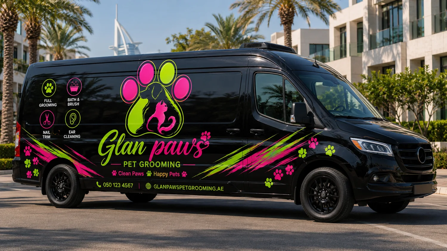 Glan Paws mobile pet grooming van on a palm-lined Dubai street with the Burj Al Arab in the background