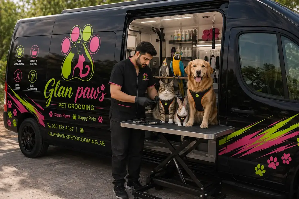 The Glan Paws grooming van parked at a Dubai home