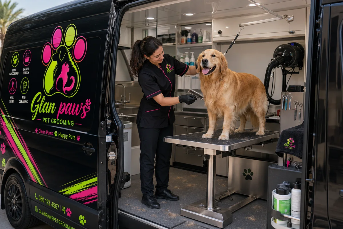 Groomer brushing a golden retriever on the grooming table inside the Glan Paws mobile grooming van