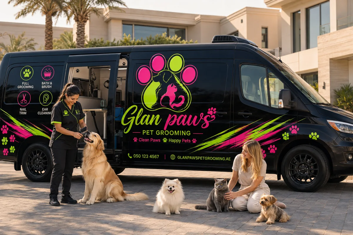 Glan Paws mobile pet grooming van parked in Dubai with freshly groomed dogs beside it