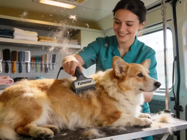 Corgi being de-shedded on the table inside a mobile grooming van